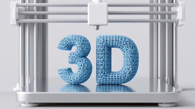 Blue 3D text being fabricated with intricate lattice structure inside modern white 3D printer machine on reflective surface with soft lighting and neutral background