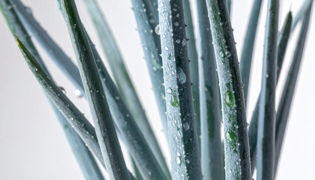 Close-up of blue-grey succulent stems with waxy coating in studio lighting