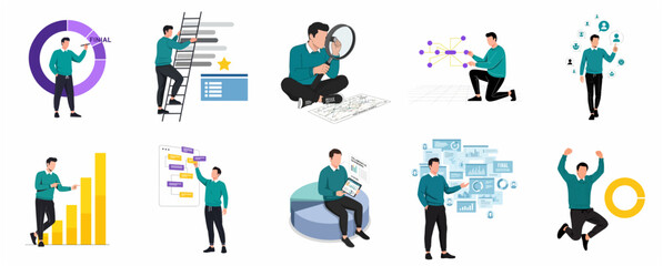 Fototapeta premium Set of Flat Business Illustrations Featuring a Professional Man for Data Analysis, Growth Strategy, and Success Concepts