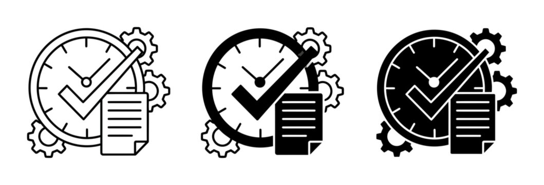 Time Management Icons, Clock Check Mark and Gears, Task Completion Symbols, Workflow Efficiency Graphics