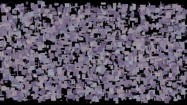 Abstract background featuring a dense cluster of overlapping purple and grey squares on a black backdrop. The geometric, pixelated pattern creates a digital, tech-inspired mosaic effect