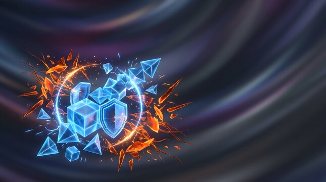 A glowing blue digital shield protects abstract cubes from sharp orange shattering shards in a dynamic dark space