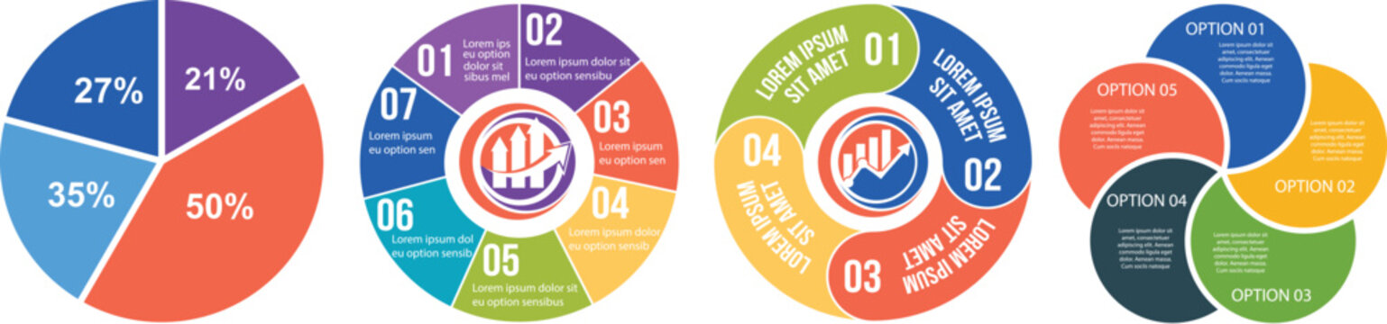 Circle arrows diagram infographic set. Vector of Circle arrows.  infographic set with pie chart. Circular arrows with 2-5 steps, options. Process chart, cycle diagram for business presentation, report
