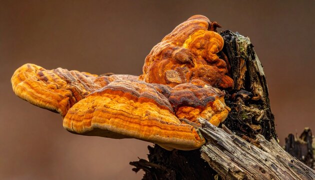 Close-up of rusty orange Dyer's polypore fungus on tree base
