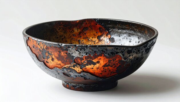 Handcrafted Raku Fired Ceramic Tea Bowl with Organic Glazing and Cracks