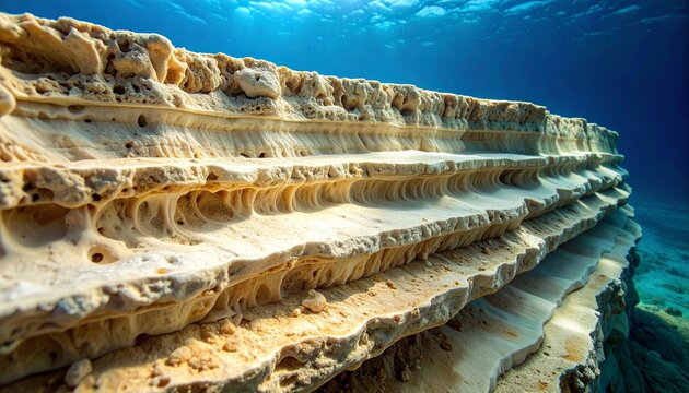 Close-up of layered oolite limestone cross-section with turquoise sea water