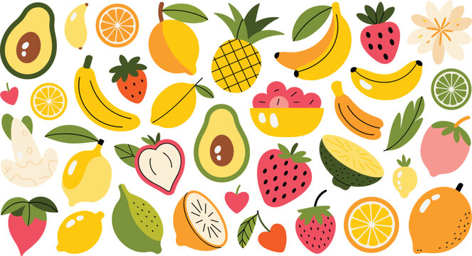 Fruit collection, various tropical and garden fruits set on white background for healthy eating