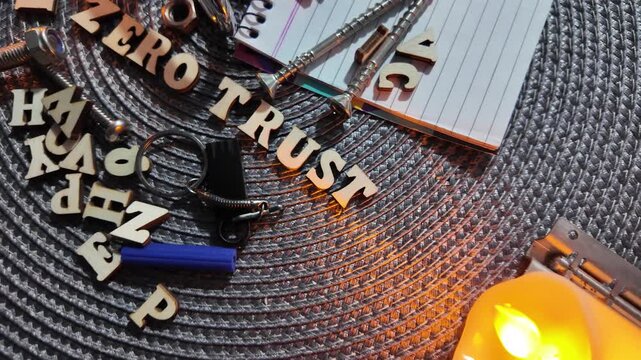 Wooden letters spelling ZERO TRUST with hardware and notebook