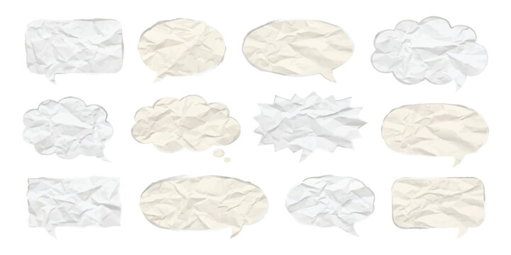 Set of various crumpled paper speech bubbles and thought balloons for comic design and creative messaging templates