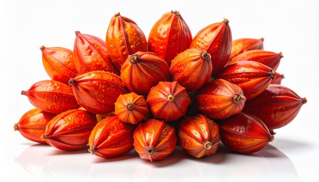 Close-up of bright orange-red annatto seeds in a dense cluster
