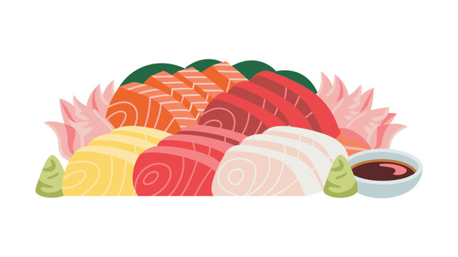An assortment of fresh sashimi slices including salmon, tuna, and white fish arranged with ginger, wasabi, and a small bowl of soy sauce on a white background.
