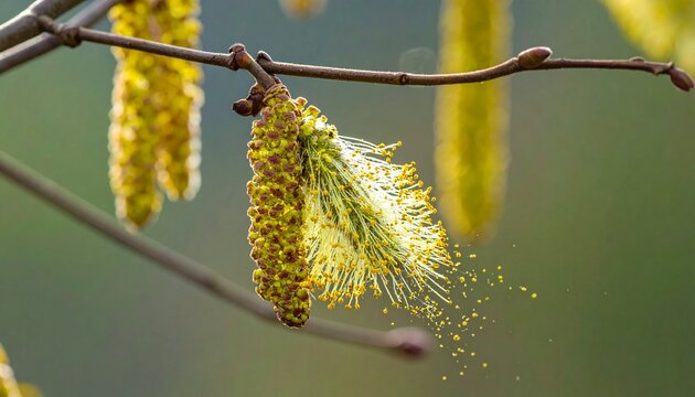 Close-up of hazel catkin releasing yellow pollen in spring sunlight