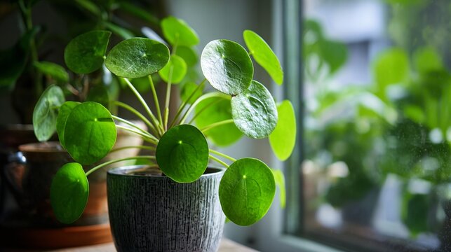 Vibrant green pilea peperomioides plant with round leaves in a textured gray pot, positioned near a window with soft natural light and blurred background