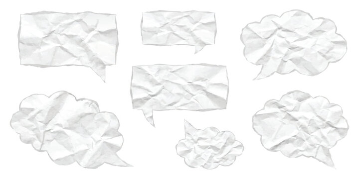 Set of crumpled paper speech bubbles and thought balloons for notes and messages