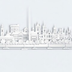 Fototapeta premium Paper-cut style cityscape with iconic buildings, boats on river, and trees