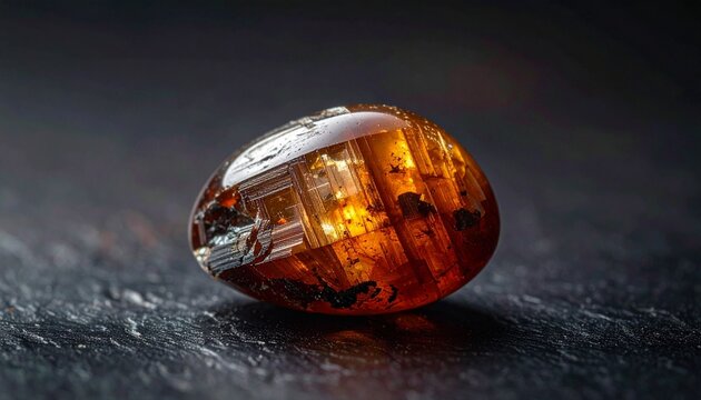 Close-up of rare orange-brown painite gemstone on dark reflective surface