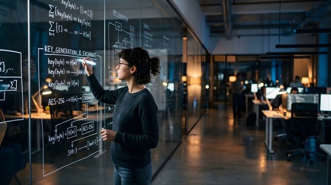 Software developer writing encryption algorithms on glass wall in office