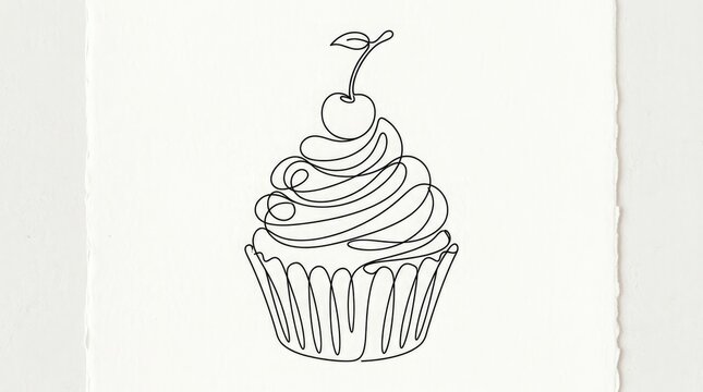 A line drawing of a cupcake with frosting and a cherry on top isolated on white background