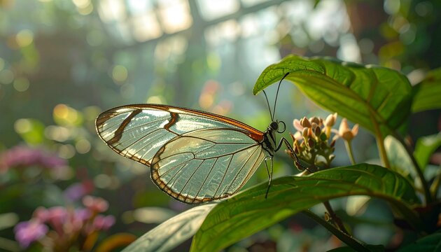 Close-up of glasswing butterfly with transparent wings on green foliage
