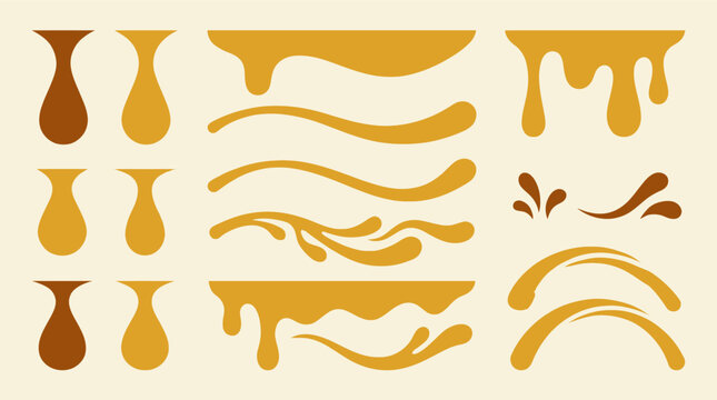 A collection of golden honey drips and syrup splashes in a minimalist vector style on a warm background