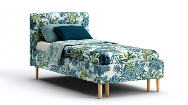 A stylish single bed with a vibrant tropical leaf pattern upholstery, complete with plush bedding and wooden legs, sits in a well-lit studio setting.