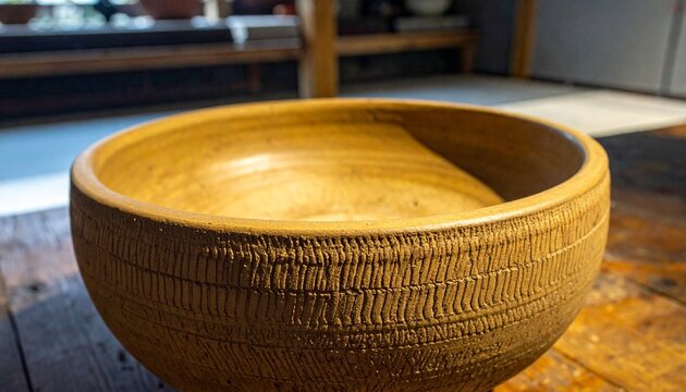 Close-up of ancient handmade pottery with cord-marked texture on wooden surface