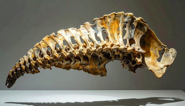 Close-up of articulated ichthyosaur flipper fossil cast in museum display