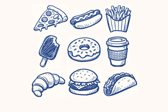 Hand drawn fast food vector icons, blue ink sketch of 9 junk food elements, vintage doodle style burger pizza and coffee illustrations for cafe menus