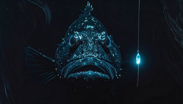 Bioluminescent deep sea anglerfish with glowing lure in dark abyss