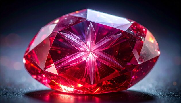 Close-up macro of rare trapiche ruby with six-rayed asterism inclusion