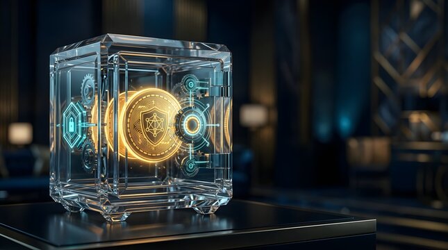 Transparent glass safe protecting a glowing gold crypto coin for data safety