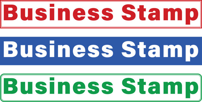 Three colorful business stamp designs with different colored borders