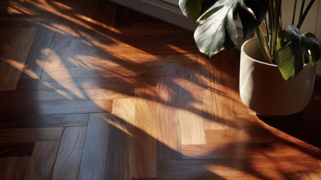 Wooden floor with a potted plant on the right side. the floor is made of light-colored wood planks and has a herringbone pattern.