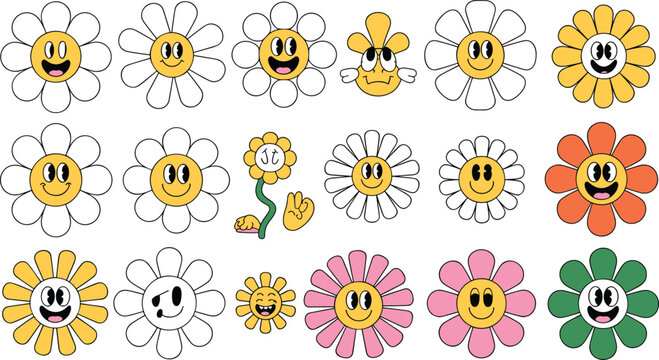Groovy retro cartoon flowers with smiling faces and hands peace sign