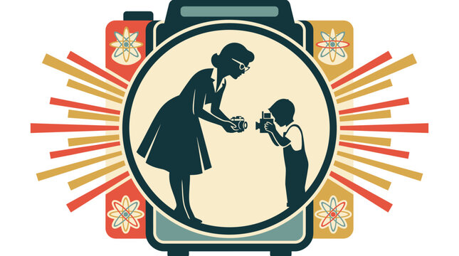 A woman teaches a child how to use a camera