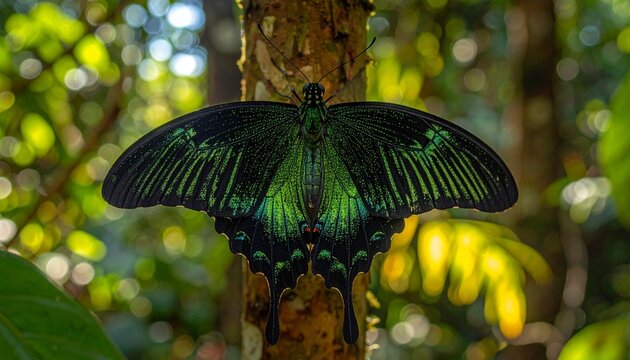 Close-up of Rajah Brooke's Birdwing Butterfly on Tree Trunk in Forest