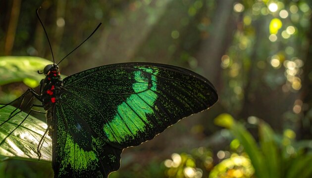 Close-up of Rajah Brooke's Birdwing Butterfly on Green Leaf in Natural Light