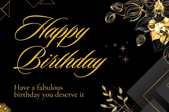 Happy birthday greeting card with gold decorations on black background