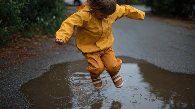 Young child, probably around 2-3 years old, jumping in a puddle. the child is wearing a bright yellow raincoat and orange pants, and brown shoes.