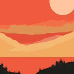 Fototapete Rot A serene minimalist landscape illustration featuring layered warm orange tones, a glowing sun, and dark silhouette mountains   © robbitommi