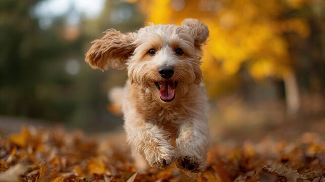Close-up of a small dog running in a field of autumn leaves. the dog appears to be a cocker spaniel, with a light brown coat and floppy ears.