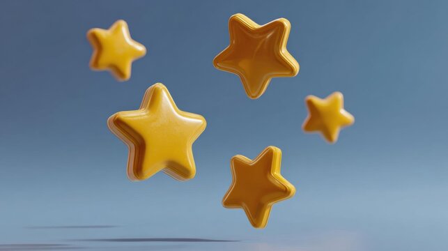 Five golden stars flying in the air against a light blue background. the stars are of different sizes and shapes, with the largest one in the center and the smallest ones on either side.