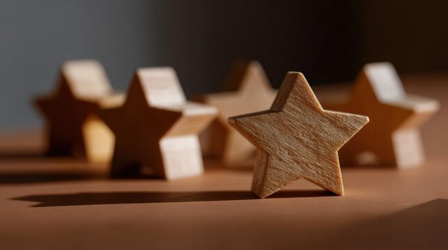 Group of five wooden stars arranged in a row on a brown surface. the stars are of different sizes and shapes, with the largest one in the center and the others scattered around it.