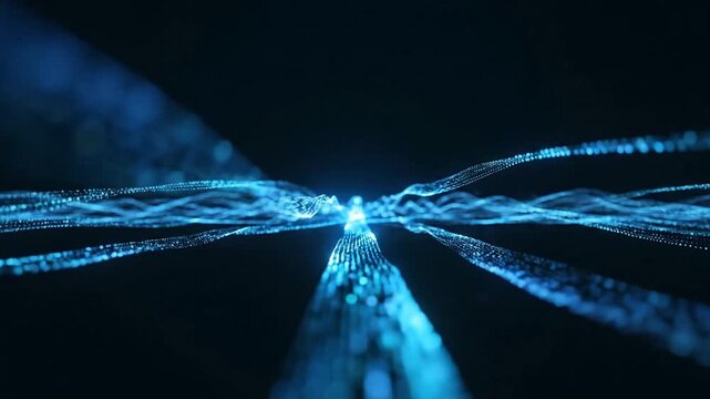 Glowing blue light beams radiate outward in darkness from a central point.
