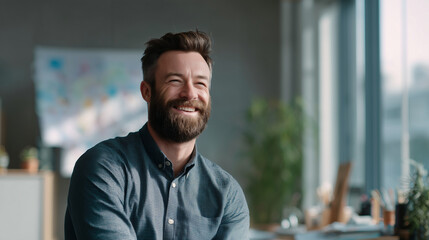 Fototapeta premium Corporate portrait of smiling employee during brainstorming session, realistic daylight, torso only