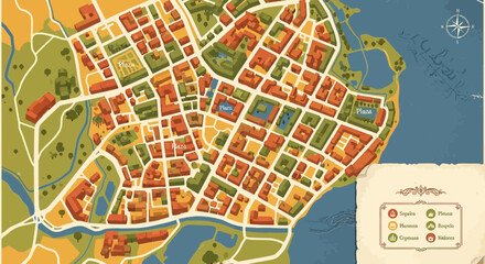 Fototapeta premium Illustrated map of a charming European city with winding streets, colorful buildings, and a waterfront view, showcasing urban planning and picturesque architecture