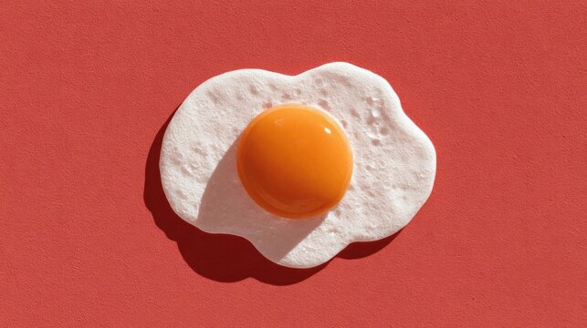 Close-up of a single fried egg on a red background. the egg is in the shape of a heart, with the yolk in the center and the outer edges of the egg.