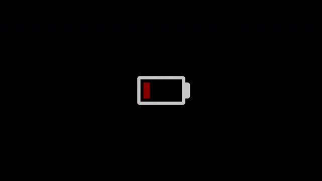 Battery low blinking on black background. Battery needs to be charged. Battery last bar. Low battery icon flashing. 4k seamless loop.