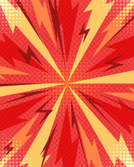 Fototapeta premium Comic Book Speed Lines Zoom Background with Lightning Bolts and Halftone Dots