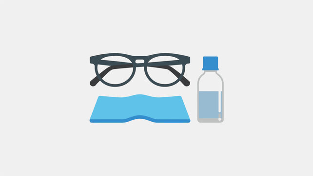 A pair of black eyeglasses rests alongside a small bottle of lens cleaning solution and a folded blue microfiber cloth on a flat light gray surface.